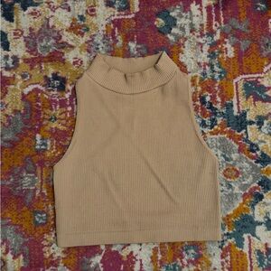 Sleeveless Turtleneck Tan Ribbed Top